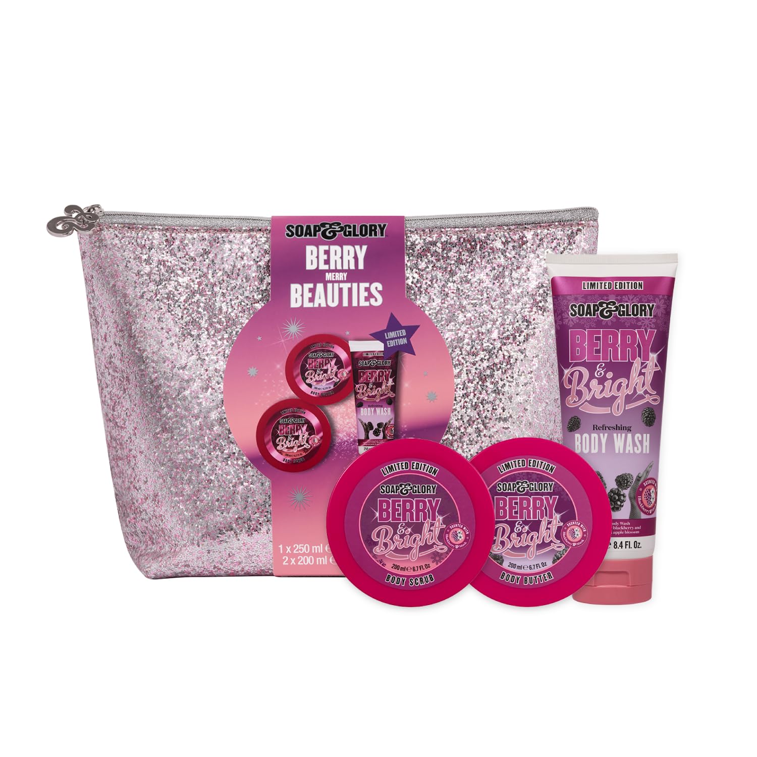 Soap & Glory Berry Merry Gift Set - Limited Edition Body Wash, Exfoliating Scrub and Body Butter - Enriched with Notes of Blackberry, Peony & Apple Blossom (3 Count)
